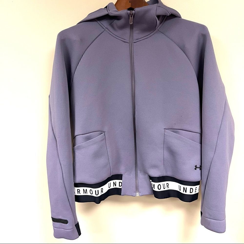 Under Armour purple zip up track jacketwith hoodie. Size L